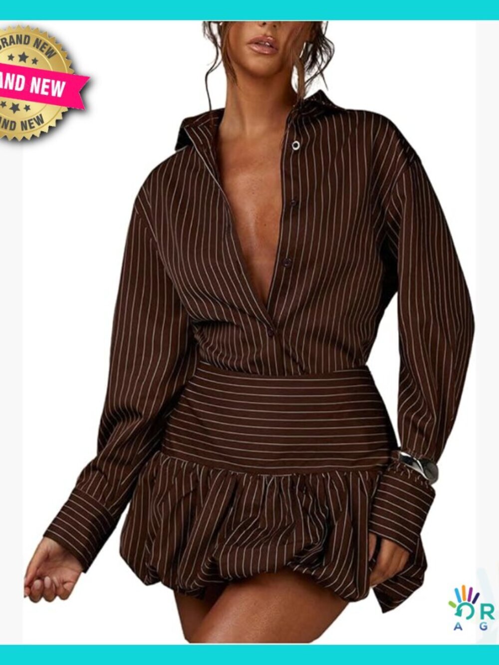 Striped Long Sleeve Button Down Shirt and Bubble Mini Skirt Set Y2K Chic
